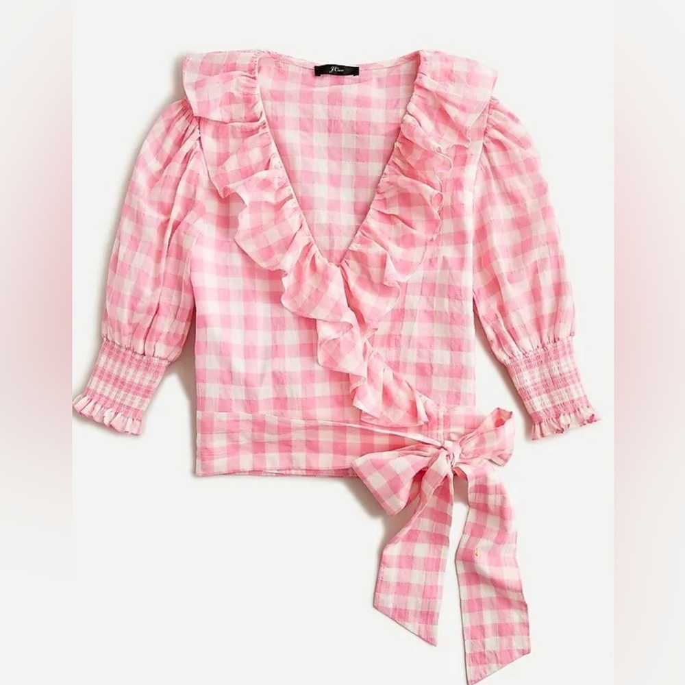 NWT J.Crew Pink Gingham Ruffle Wrap Short Sleeve Top Blouse Size L